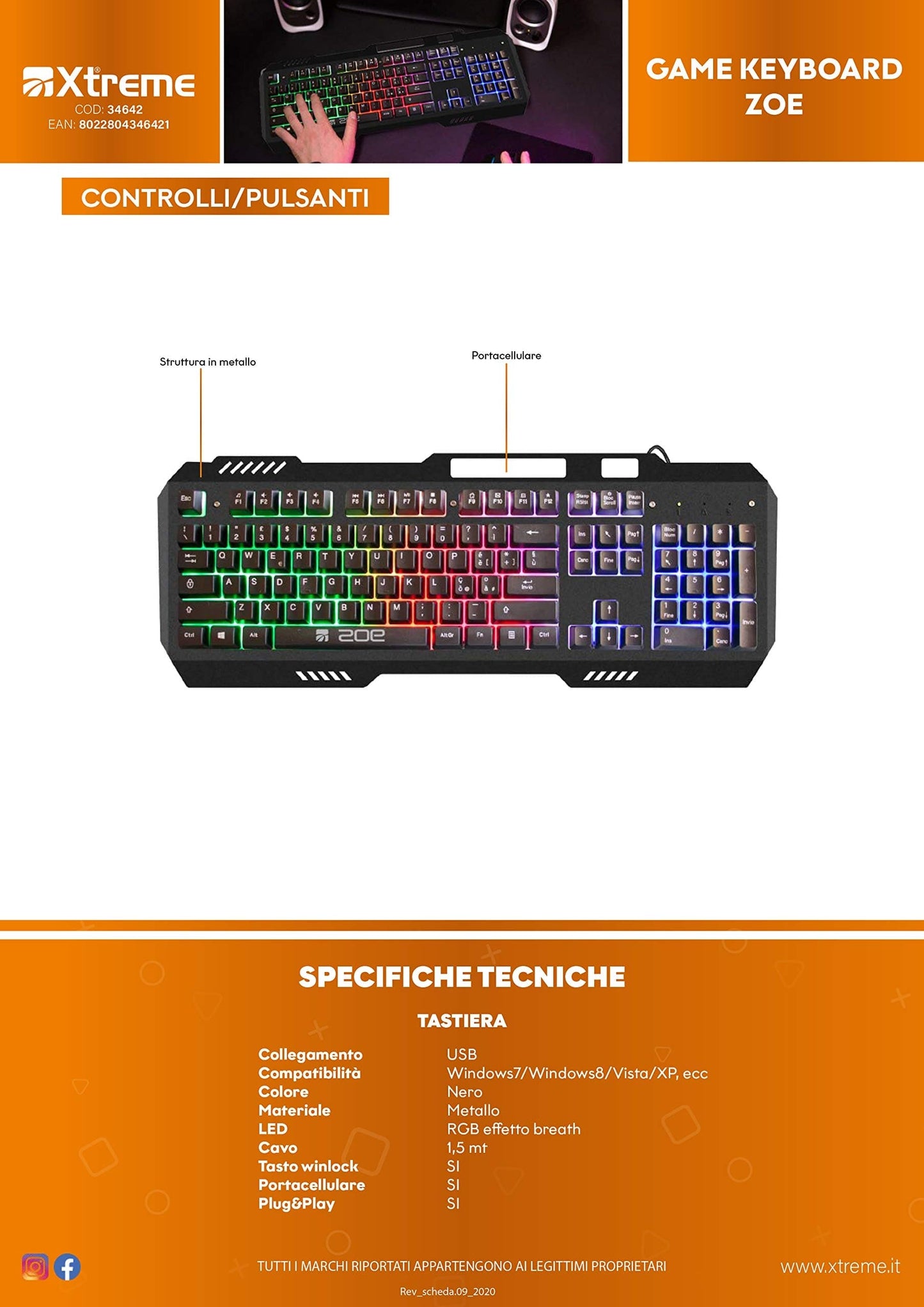 XTREME ZOE Tastiera Gaming Metallo USB  Retroilluminata