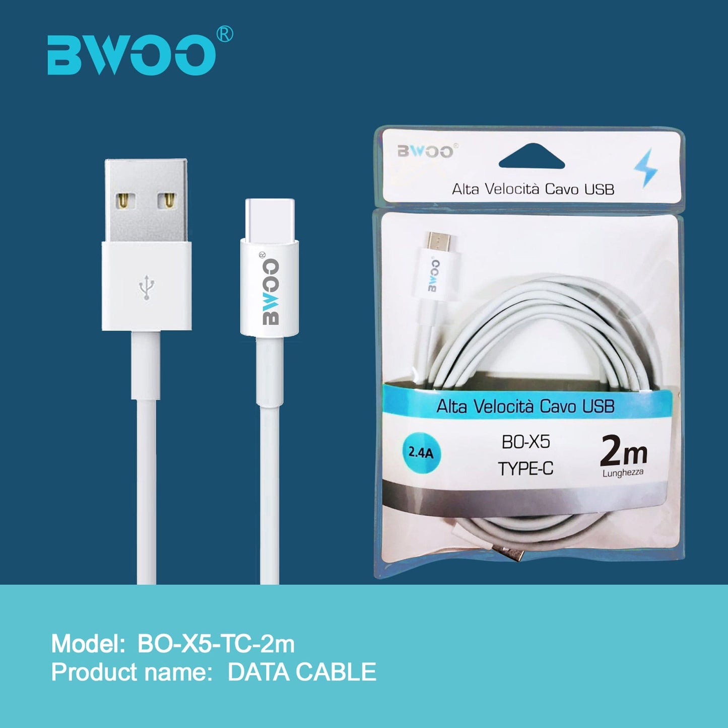 BWOO Cavo USB ad Alta Velocità  Type-C  2.4A, 2 metri