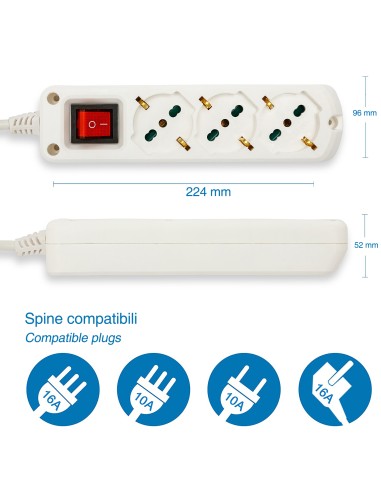 MULTIPRESA CON 3 PRESE SCHUKO BIPASSO CON INTERRUTTORE E SPINA 16A