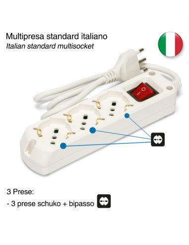 MULTIPRESA CON 3 PRESE SCHUKO BIPASSO CON INTERRUTTORE E SPINA 16A