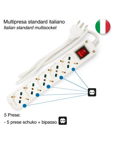 MULTIPRESA CON 5 PRESE SCHUKO BIPASSO CON INTERRUTTORE E SPINA 16A