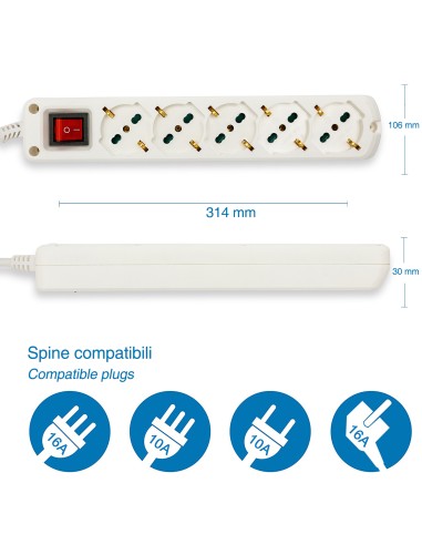 MULTIPRESA CON 5 PRESE SCHUKO BIPASSO CON INTERRUTTORE E SPINA 16A