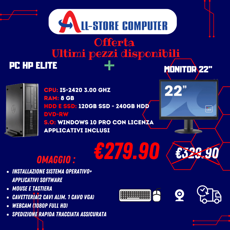 BUNDLE PC FISSO + MONITOR 22" CON ACCESSORI INCLUSI