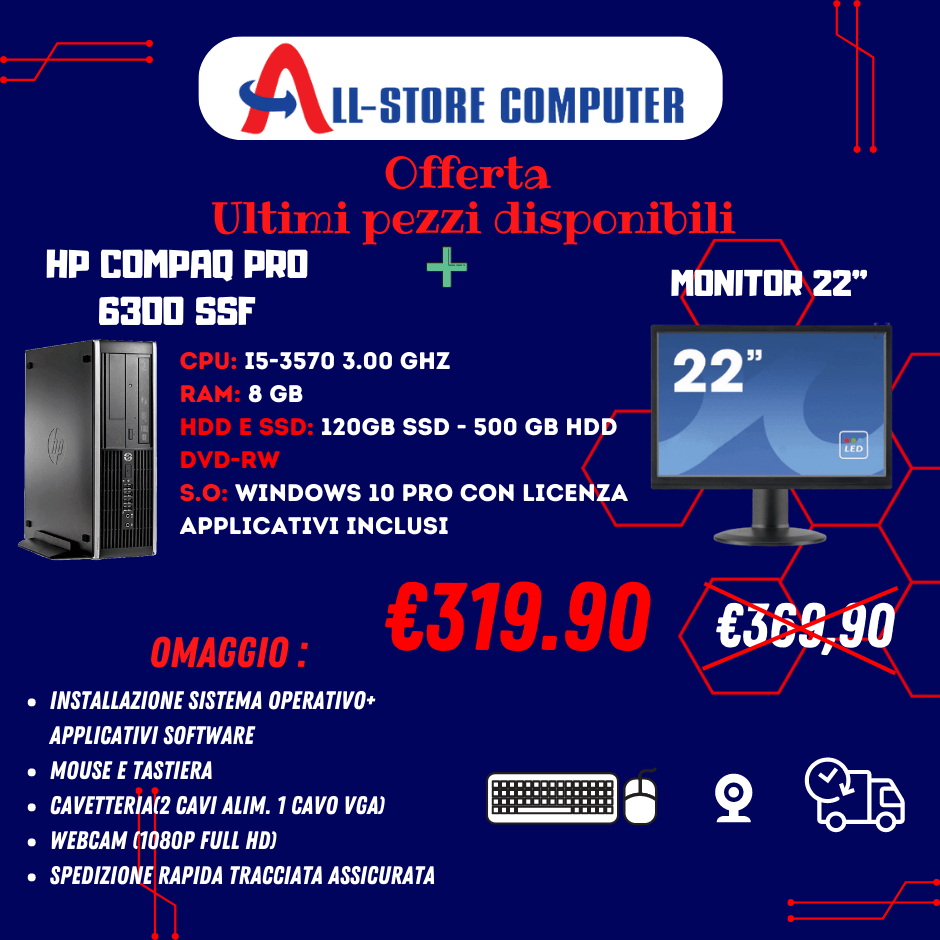 BUNDLE PC FISSO + MONITOR 22" CON ACCESSORI INCLUSI